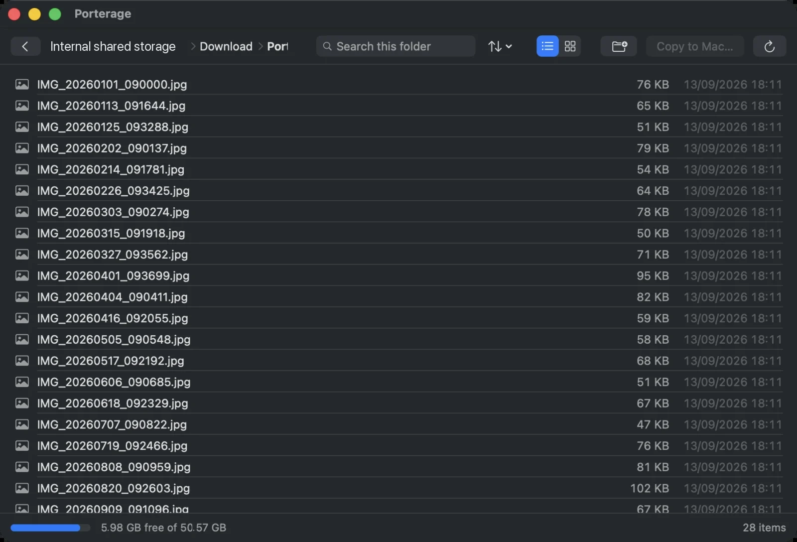 Porterage in list view, showing file names, sizes and dates in aligned columns with folders first.